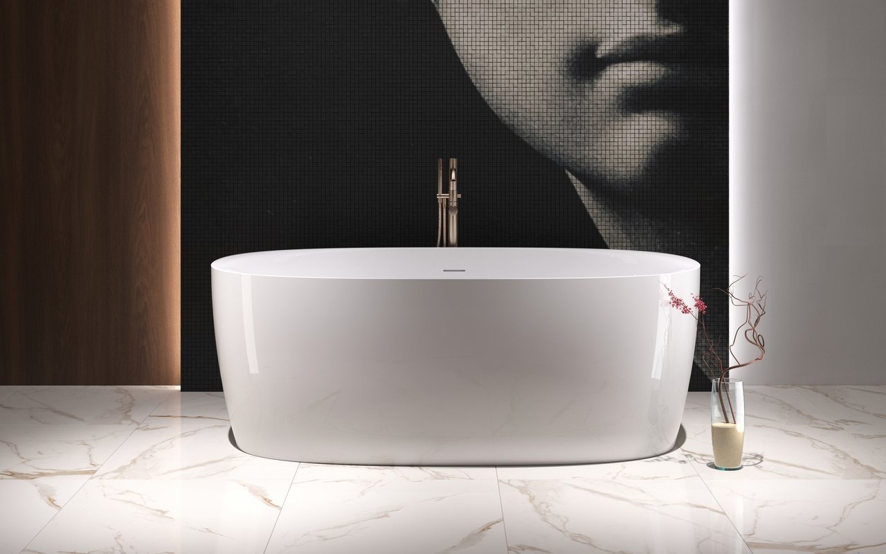 Freestanding Acrylic Bathtub with marble flooring